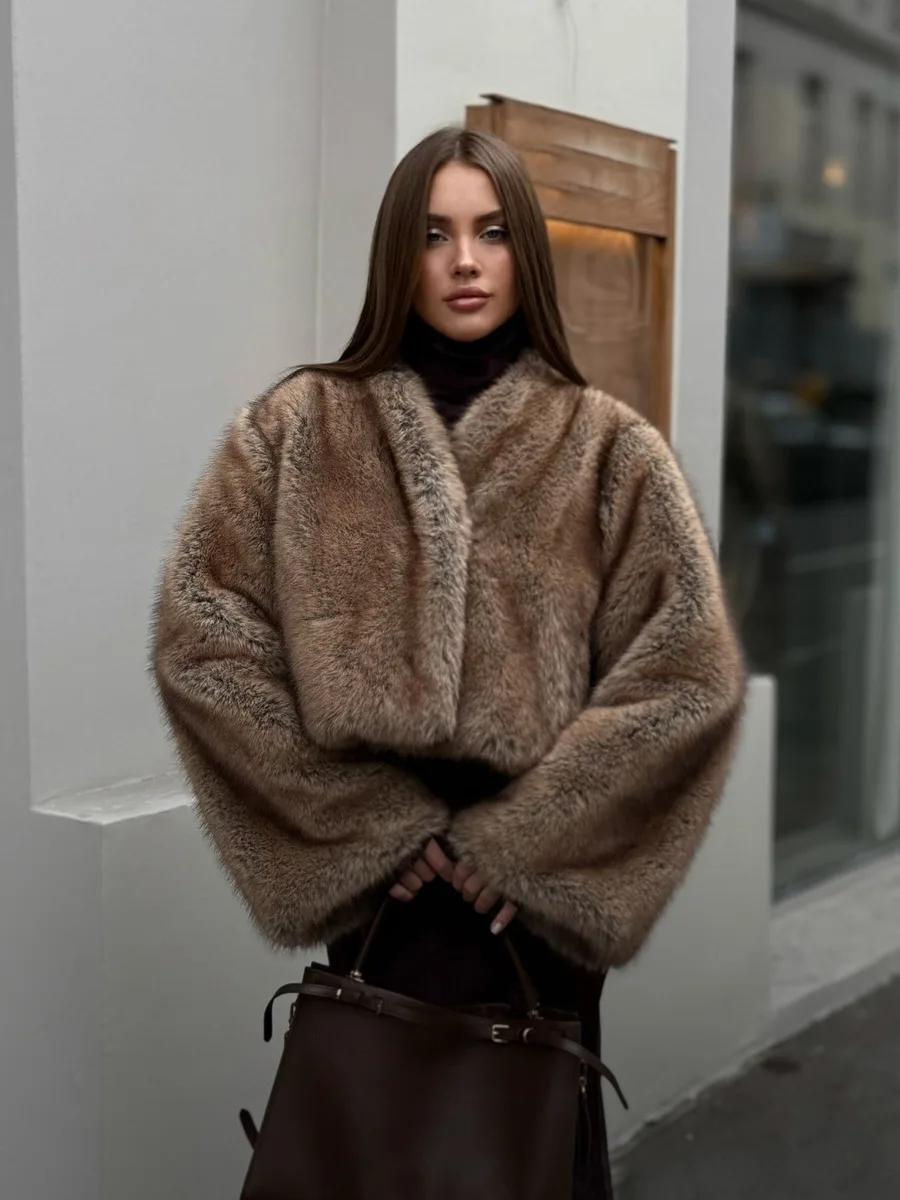 Winter V Neck Cropped Faux Fur Coat Women Batwing Long Sleeve Fluffy Mottled Tone Thicken Warm Loose Oversized Jacket Outerwear