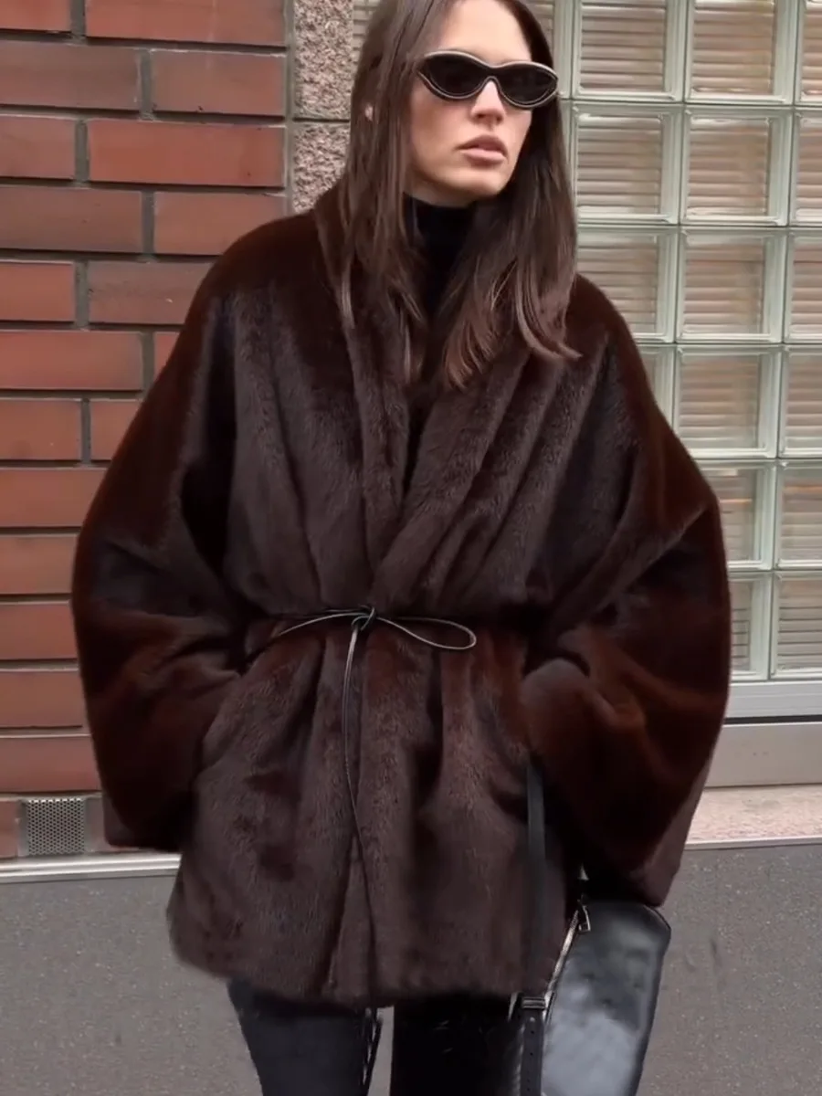 Winter Faux Fur Belts Fur Collar Jacket Women Thicken Warm Furry Luxury Overcoat Female Coat Casual Fluffy Ladies Outwears