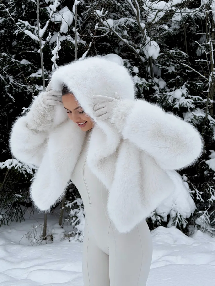 Winter Luxurious Faux Fur Hooded Jacket Coat Women Long Sleeve Faux Fur Plush Jacket Female High Quality Casual Warm Outerwears