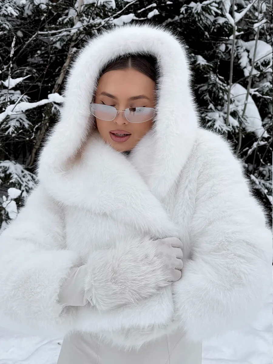Winter Luxurious Faux Fur Hooded Jacket Coat Women Long Sleeve Faux Fur Plush Jacket Female High Quality Casual Warm Outerwears