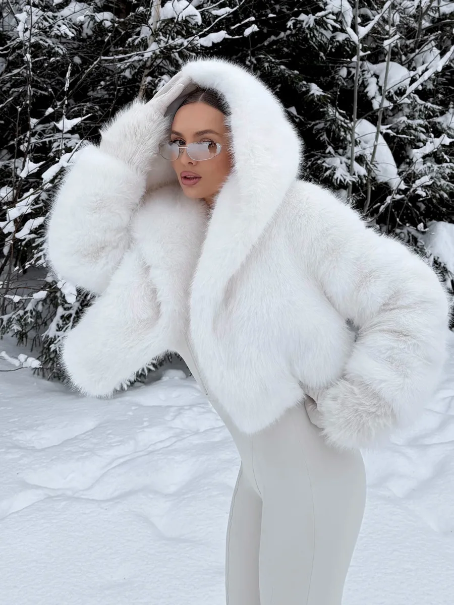 Winter Luxurious Faux Fur Hooded Jacket Coat Women Long Sleeve Faux Fur Plush Jacket Female High Quality Casual Warm Outerwears