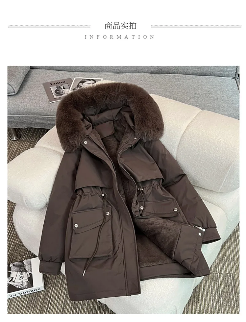 2026 Winter Women fleece Jacket Cotton Padded Jacket Thick Parka Fur Collar Mid Long Coat Warm Hooded Snow Wear Female Outerwear