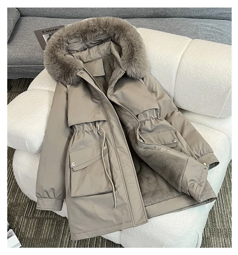 2026 Winter Women fleece Jacket Cotton Padded Jacket Thick Parka Fur Collar Mid Long Coat Warm Hooded Snow Wear Female Outerwear