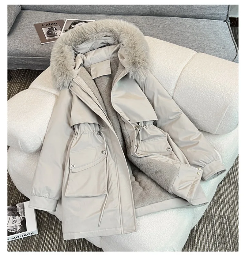 2026 Winter Women fleece Jacket Cotton Padded Jacket Thick Parka Fur Collar Mid Long Coat Warm Hooded Snow Wear Female Outerwear