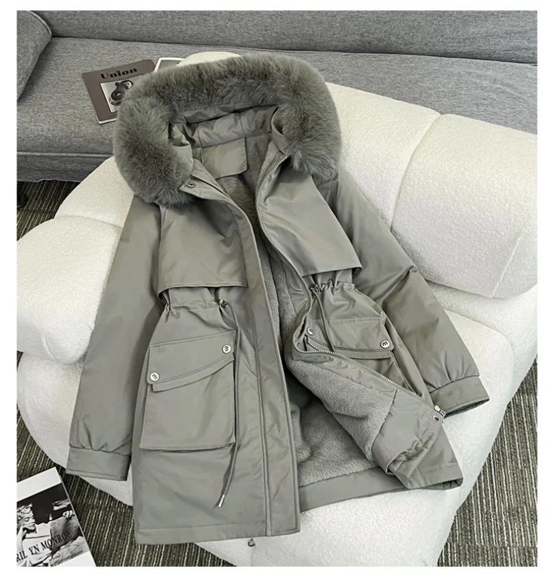 2026 Winter Women fleece Jacket Cotton Padded Jacket Thick Parka Fur Collar Mid Long Coat Warm Hooded Snow Wear Female Outerwear