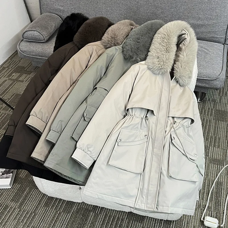 2026 Winter Women fleece Jacket Cotton Padded Jacket Thick Parka Fur Collar Mid Long Coat Warm Hooded Snow Wear Female Outerwear