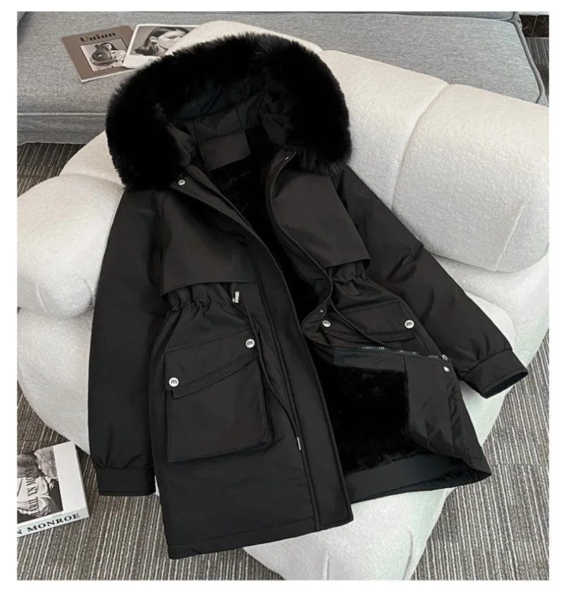 2026 Winter Women fleece Jacket Cotton Padded Jacket Thick Parka Fur Collar Mid Long Coat Warm Hooded Snow Wear Female Outerwear