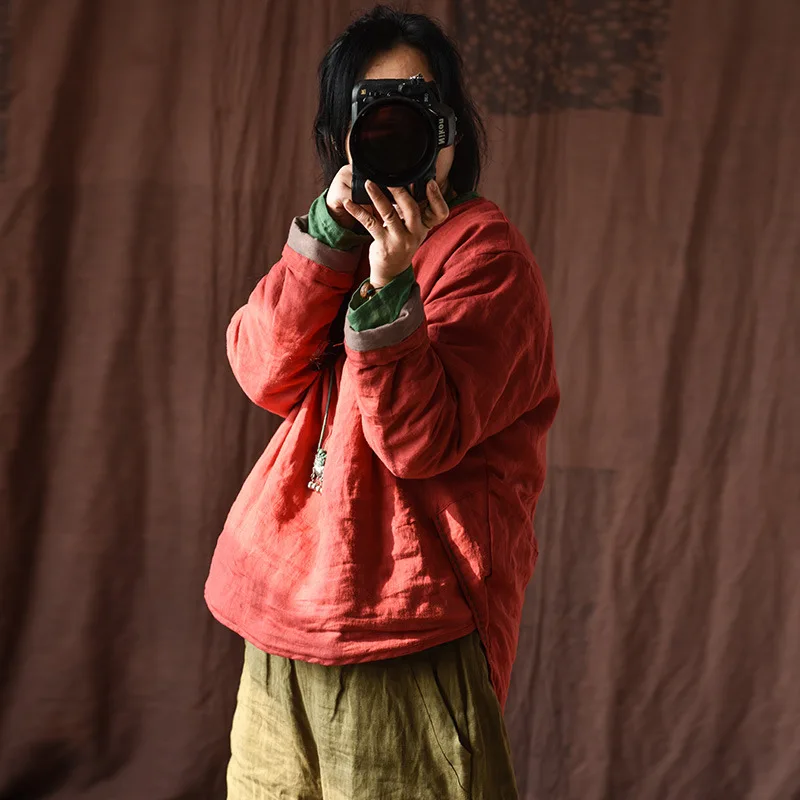 Women Loose Ramie Padded Tops Parkas Ladies Irregular Warm Winter Coat Female 2022 Loose Solid Color Vintage Parkas