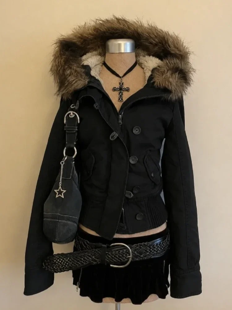 Casual Retro Y2K Aesthetic Women Winter Faux Fur Hood Parka Loose Jacket Warm Streetwear Daily Outdoors Thick Female Winter Coat
