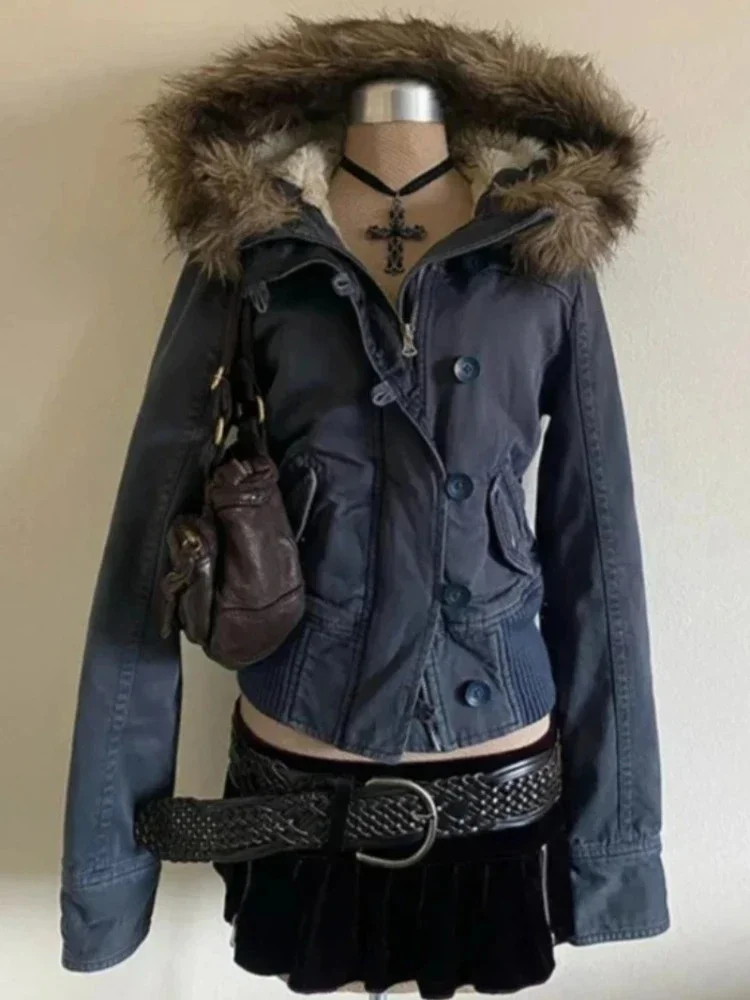Casual Retro Y2K Aesthetic Women Winter Faux Fur Hood Parka Loose Jacket Warm Streetwear Daily Outdoors Thick Female Winter Coat