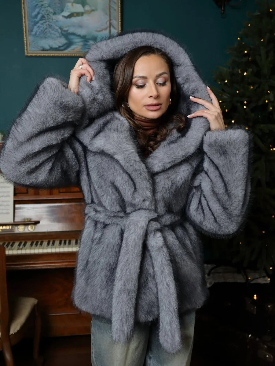 Winter Fashion Grey Hooded Faux Fur Coat Women Waist Belted Fluffy Plush Short Overcoat Winter High Quality Warm Thick Outerwear