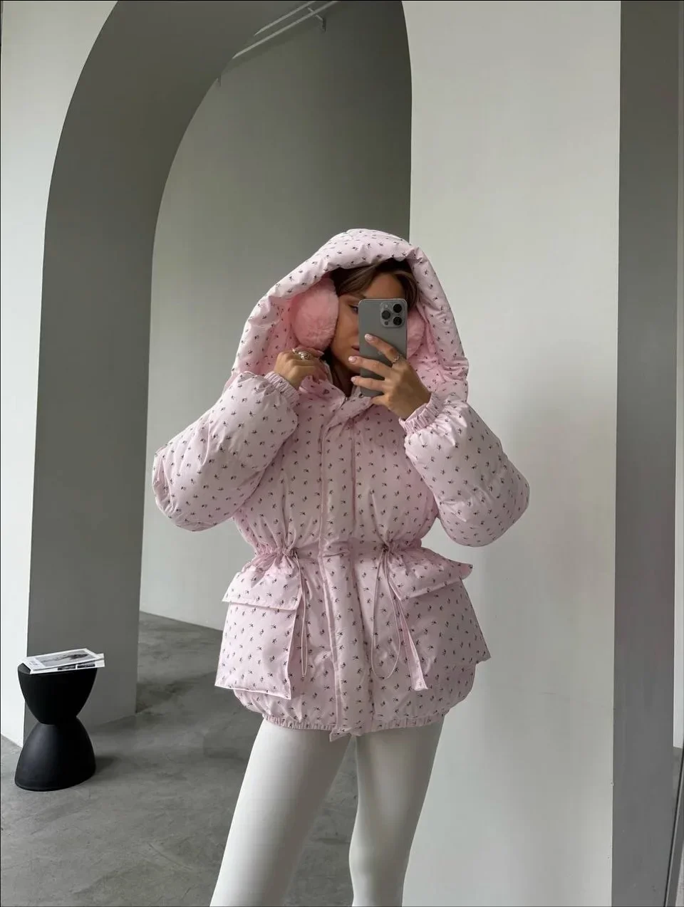 Women Floral Print Hooded Puffer Jacket Drawstring Waist Zipper Long Sleeve Loose Warm Quilted Coat Fall Winter Street Outwear