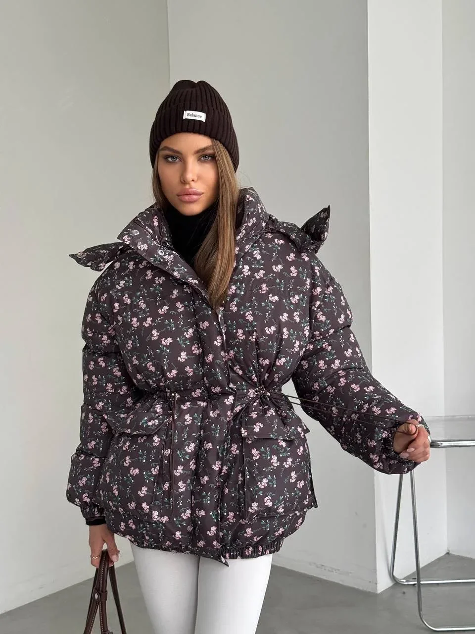 Women Floral Print Hooded Puffer Jacket Drawstring Waist Zipper Long Sleeve Loose Warm Quilted Coat Fall Winter Street Outwear