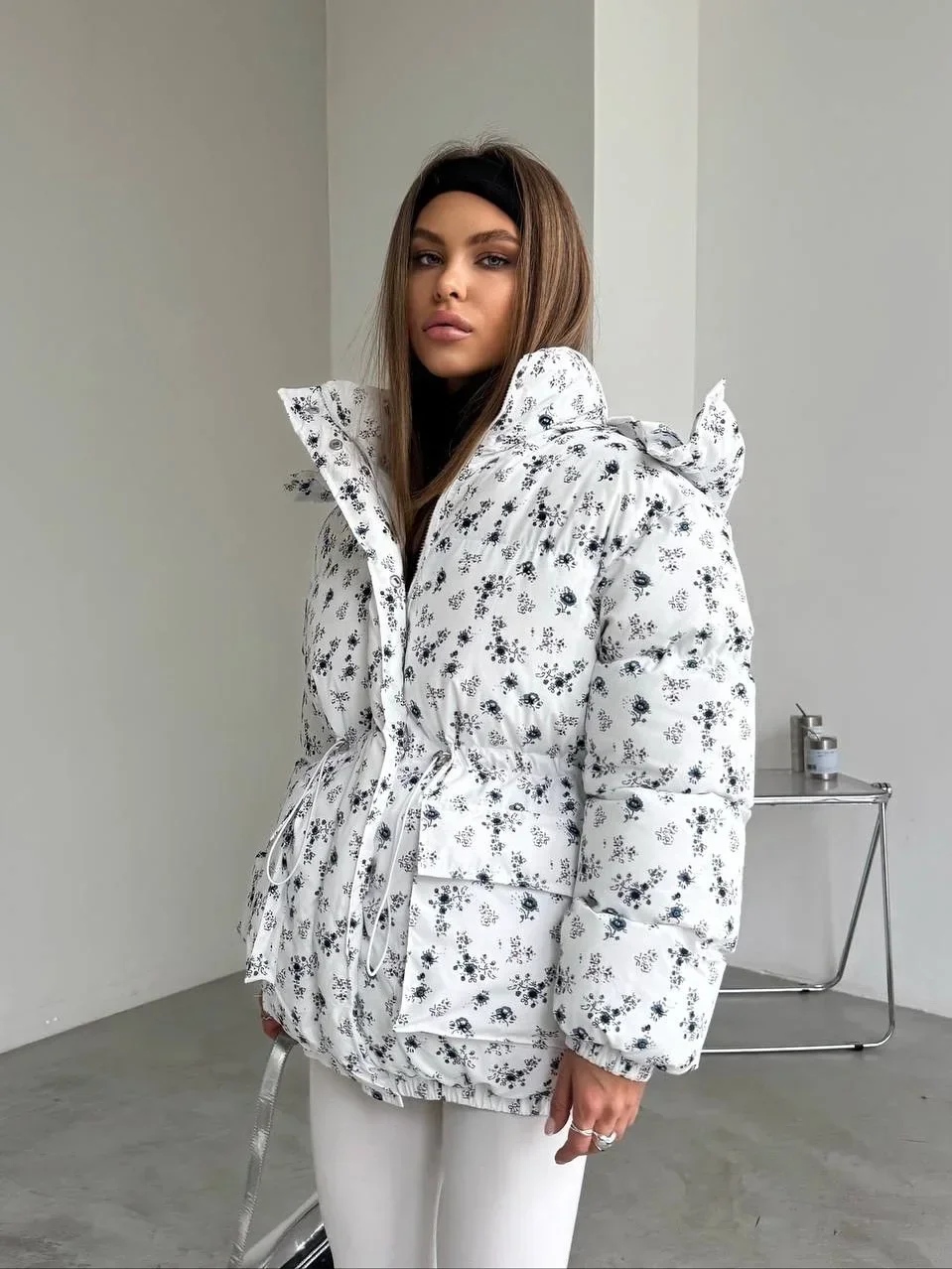 Women Floral Print Hooded Puffer Jacket Drawstring Waist Zipper Long Sleeve Loose Warm Quilted Coat Fall Winter Street Outwear