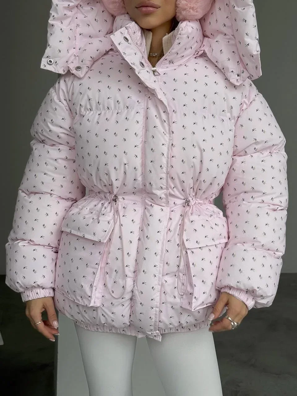 Women Floral Print Hooded Puffer Jacket Drawstring Waist Zipper Long Sleeve Loose Warm Quilted Coat Fall Winter Street Outwear