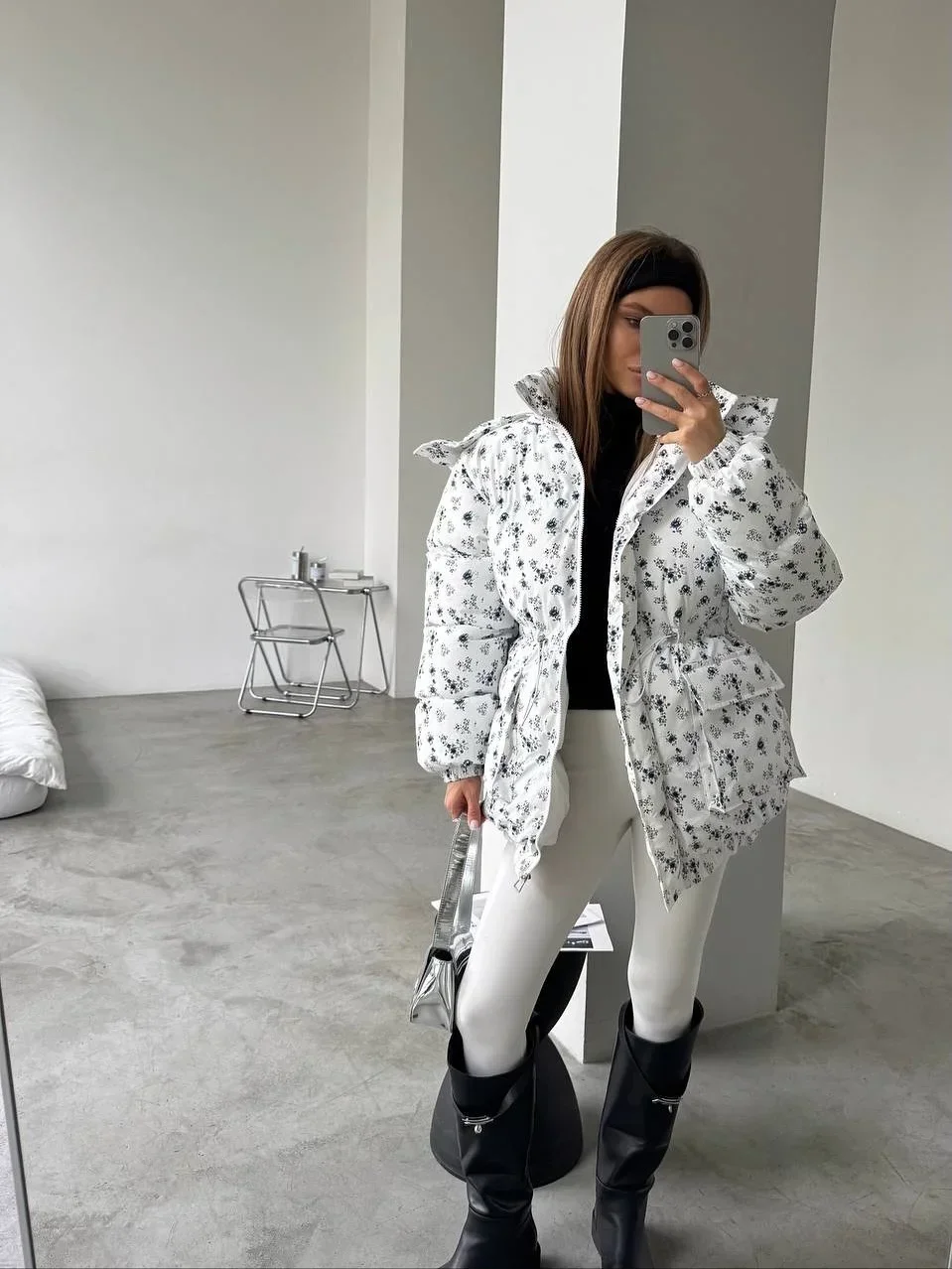 Women Floral Print Hooded Puffer Jacket Drawstring Waist Zipper Long Sleeve Loose Warm Quilted Coat Fall Winter Street Outwear