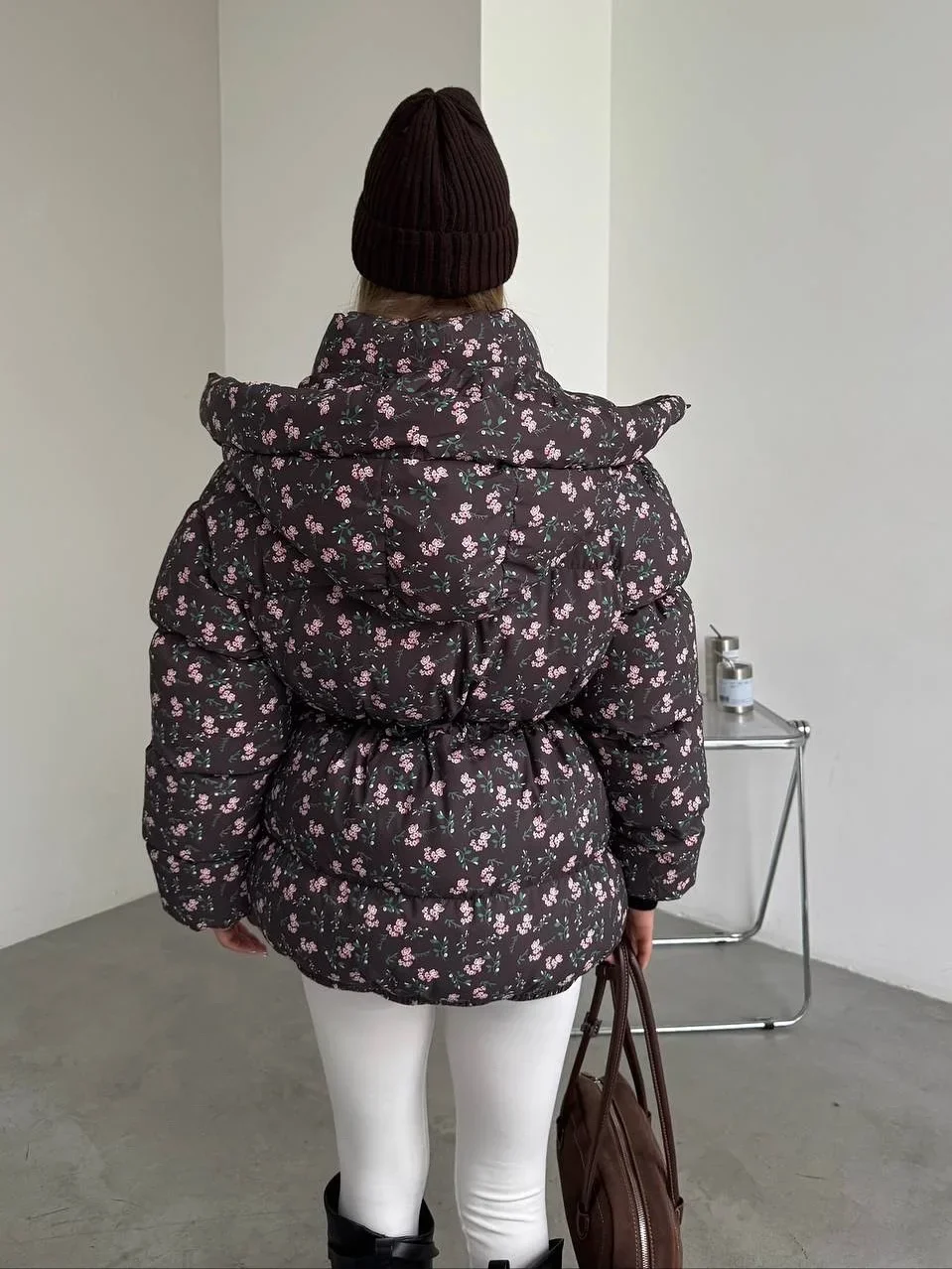 Women Floral Print Hooded Puffer Jacket Drawstring Waist Zipper Long Sleeve Loose Warm Quilted Coat Fall Winter Street Outwear