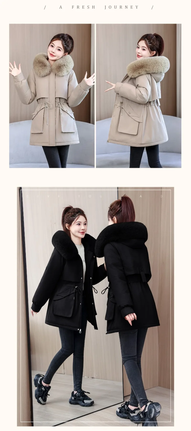 2026 Fashion Women's Winter Parkas Down Cotton-padded Jacket Fleece Thicken Warm Fur Collar Hooded Coats Female Loose Outerwear