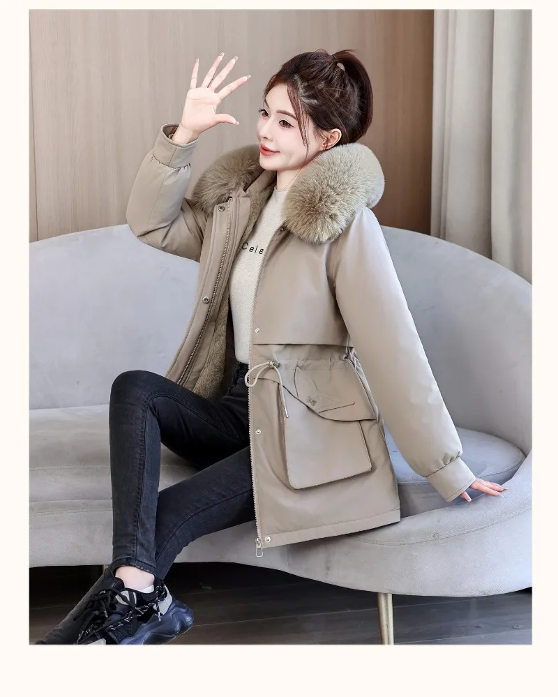 2026 Fashion Women's Winter Parkas Down Cotton-padded Jacket Fleece Thicken Warm Fur Collar Hooded Coats Female Loose Outerwear