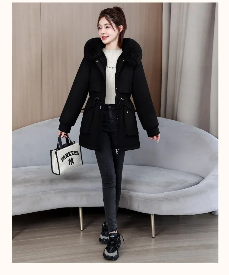 2026 Fashion Women's Winter Parkas Down Cotton-padded Jacket Fleece Thicken Warm Fur Collar Hooded Coats Female Loose Outerwear