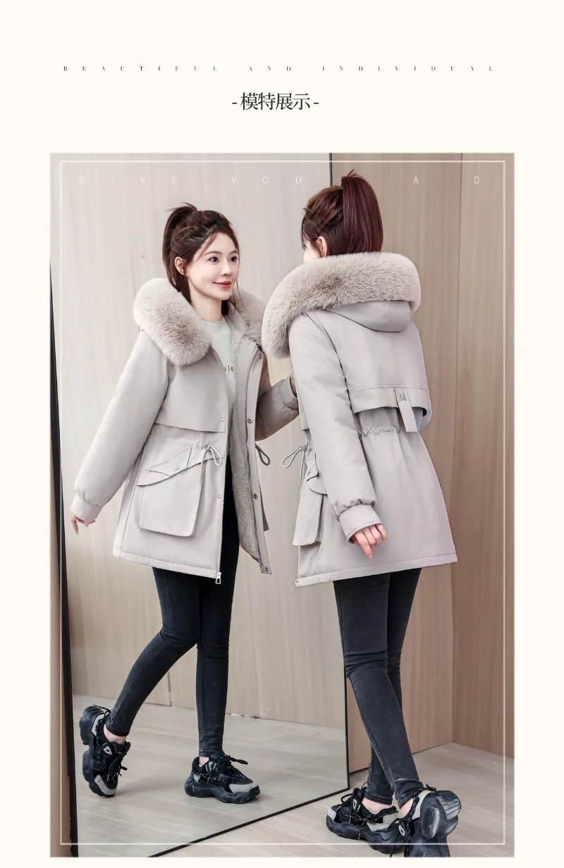 2026 Fashion Women's Winter Parkas Down Cotton-padded Jacket Fleece Thicken Warm Fur Collar Hooded Coats Female Loose Outerwear