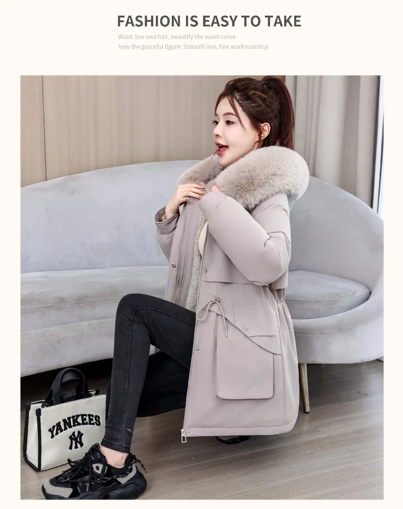 2026 Fashion Women's Winter Parkas Down Cotton-padded Jacket Fleece Thicken Warm Fur Collar Hooded Coats Female Loose Outerwear