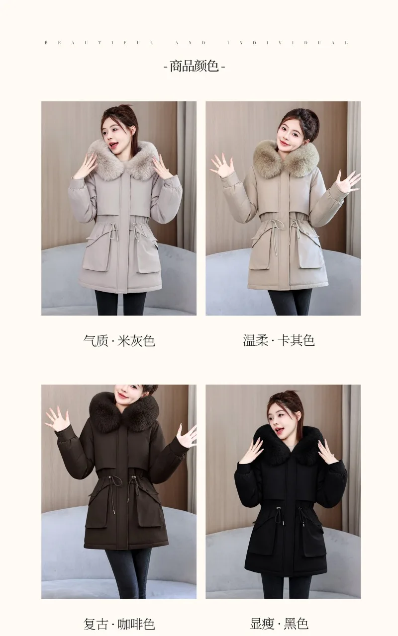 2026 Fashion Women's Winter Parkas Down Cotton-padded Jacket Fleece Thicken Warm Fur Collar Hooded Coats Female Loose Outerwear