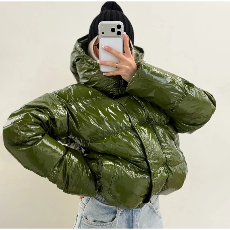 Fashion Glossy Detachable Hood Puffer Jacket Women Full Sleeves Zip Pockets Quilted Coat 2026 Winter New Lady Casual Outerwear