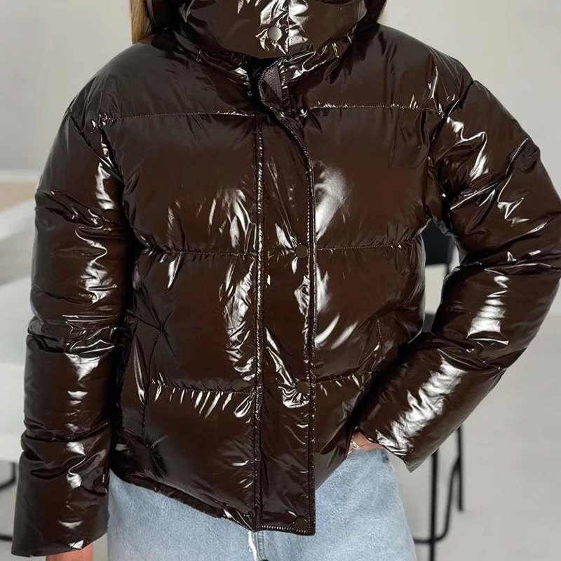 Fashion Glossy Detachable Hood Puffer Jacket Women Full Sleeves Zip Pockets Quilted Coat 2026 Winter New Lady Casual Outerwear