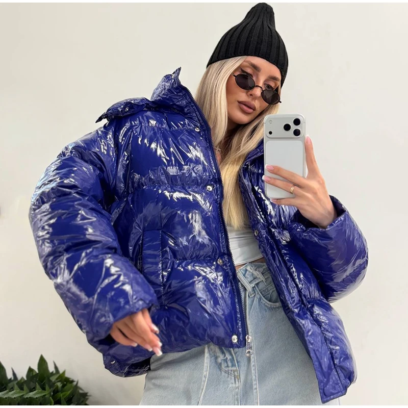Fashion Glossy Detachable Hood Puffer Jacket Women Full Sleeves Zip Pockets Quilted Coat 2026 Winter New Lady Casual Outerwear