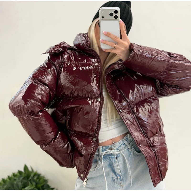 Fashion Glossy Detachable Hood Puffer Jacket Women Full Sleeves Zip Pockets Quilted Coat 2026 Winter New Lady Casual Outerwear