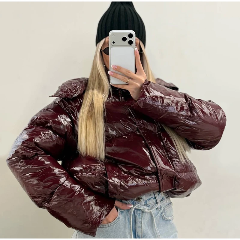 Fashion Glossy Detachable Hood Puffer Jacket Women Full Sleeves Zip Pockets Quilted Coat 2026 Winter New Lady Casual Outerwear