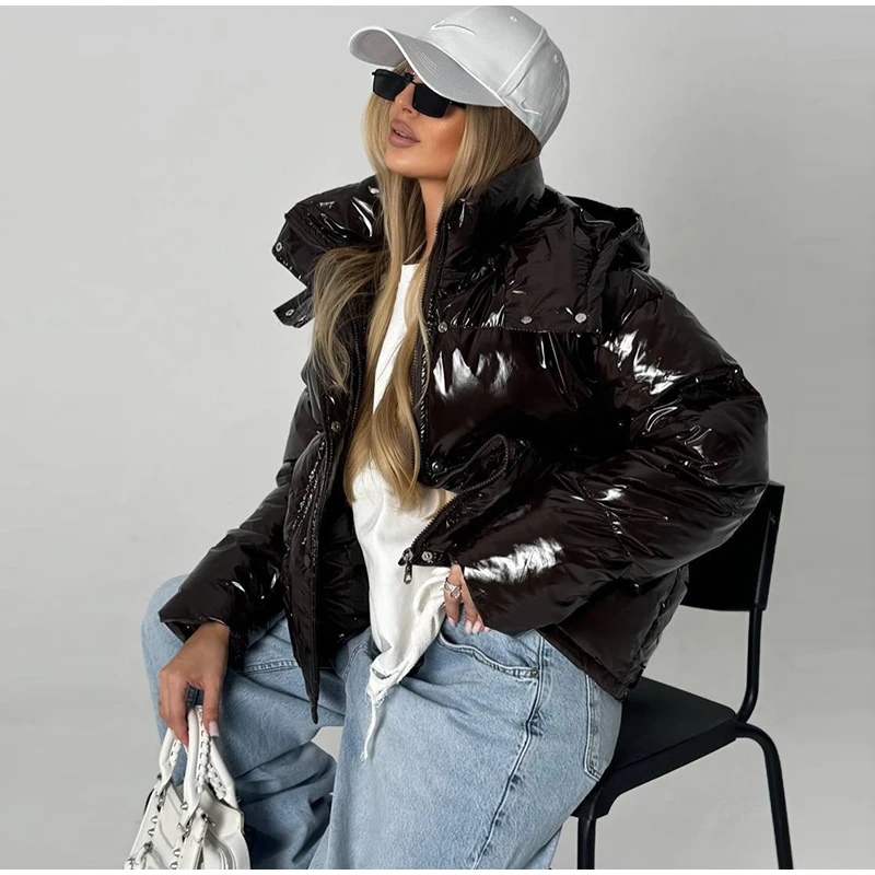 Fashion Glossy Detachable Hood Puffer Jacket Women Full Sleeves Zip Pockets Quilted Coat 2026 Winter New Lady Casual Outerwear