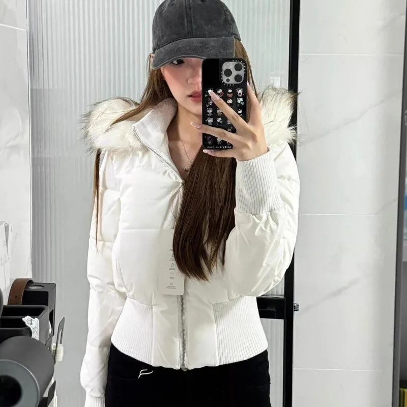 Women Korean Vintage Fur Collar Hooded Cropped Puffer Jacket Autumn Winter Y2K Fashion Warm Short Coat High Waist Slim Outwear
