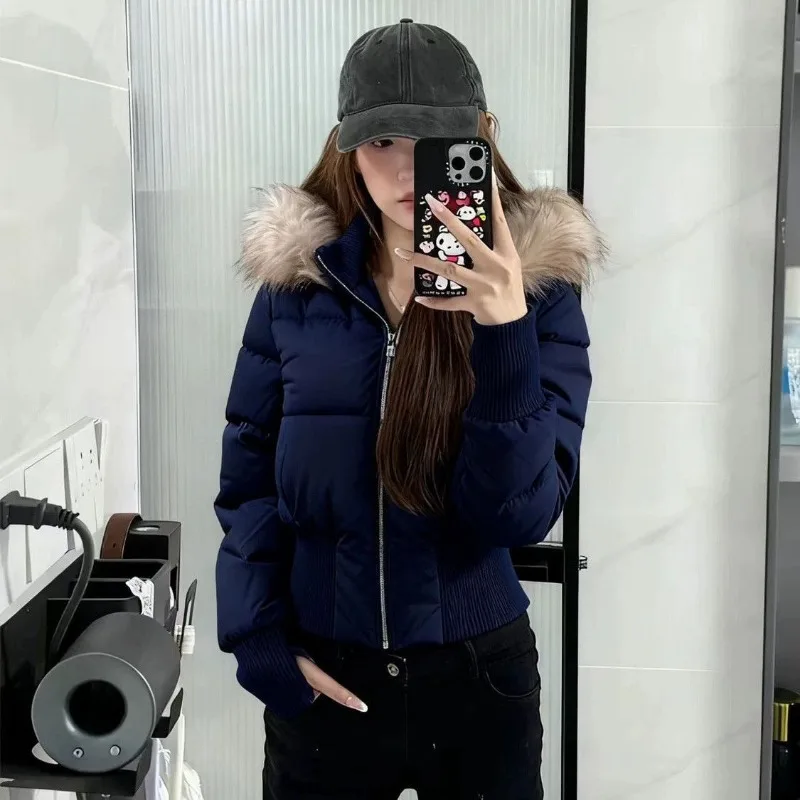 Women Korean Vintage Fur Collar Hooded Cropped Puffer Jacket Autumn Winter Y2K Fashion Warm Short Coat High Waist Slim Outwear