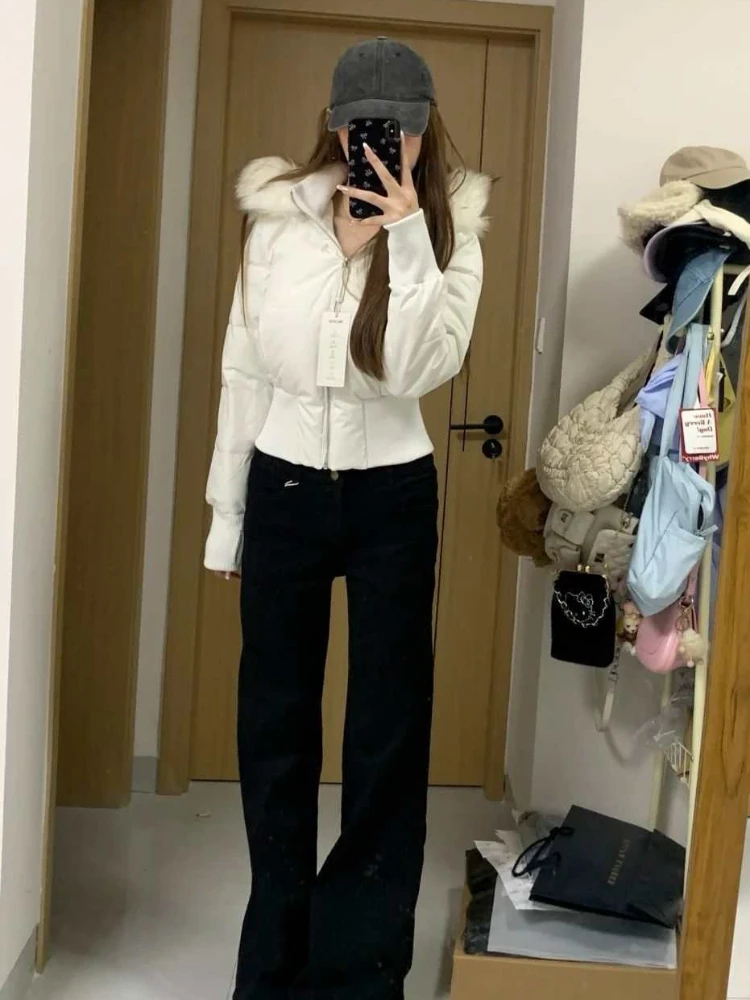Women Korean Vintage Fur Collar Hooded Cropped Puffer Jacket Autumn Winter Y2K Fashion Warm Short Coat High Waist Slim Outwear
