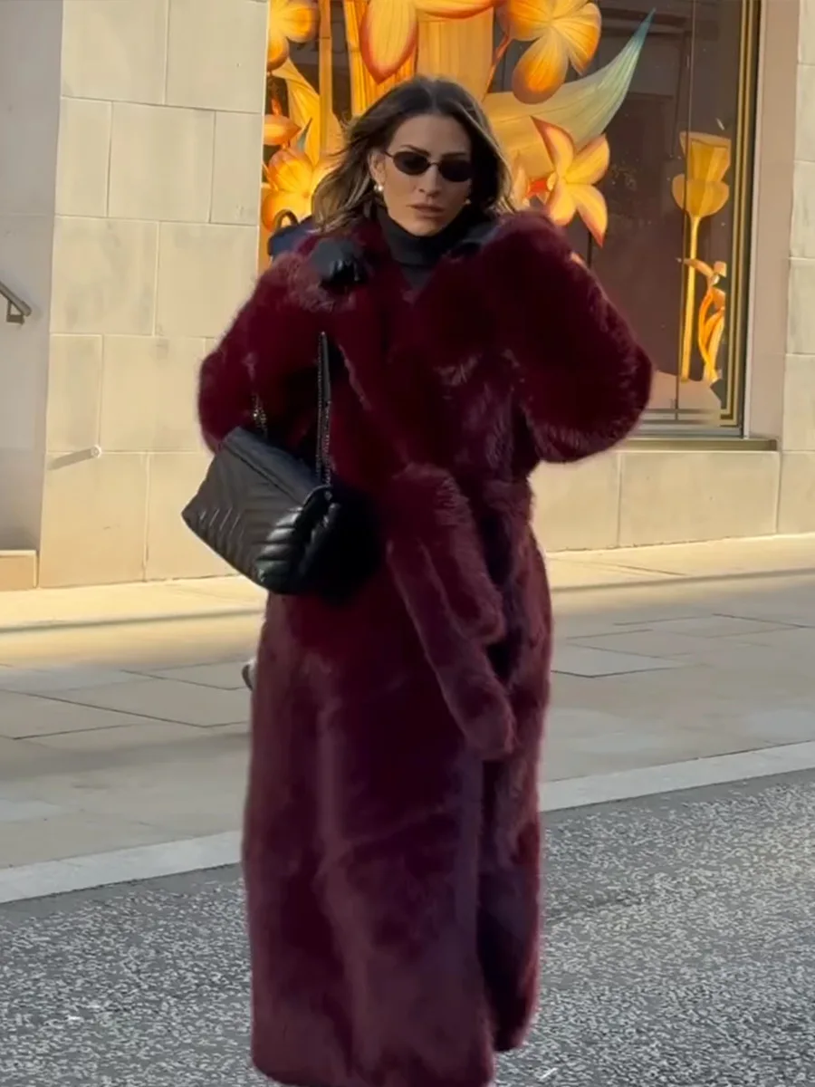 Winter Luxury Lapel Plush Loose Overcoat Outwears High Quality Long Faux Fur Jacket Coat Women Warm Burgundy Belted Maxi Jacket
