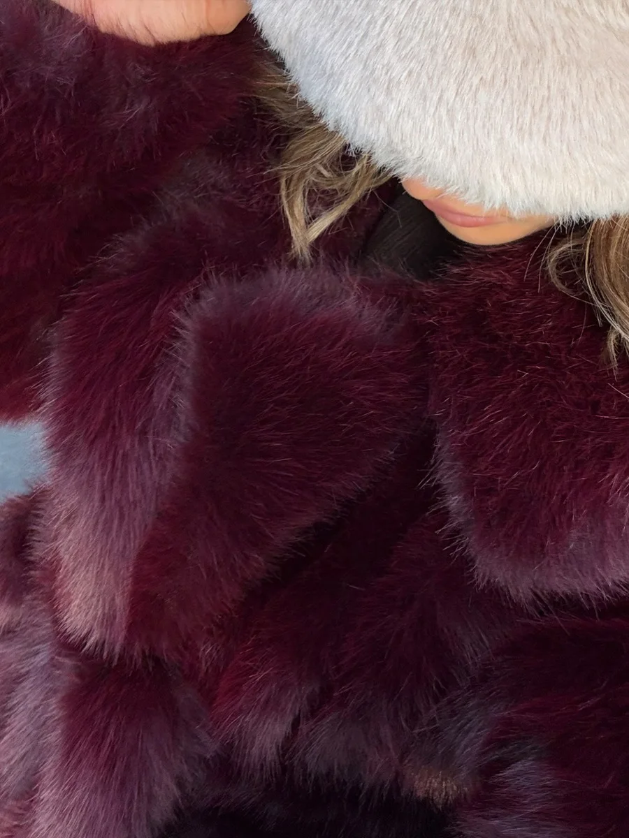 Winter Luxury Lapel Plush Loose Overcoat Outwears High Quality Long Faux Fur Jacket Coat Women Warm Burgundy Belted Maxi Jacket
