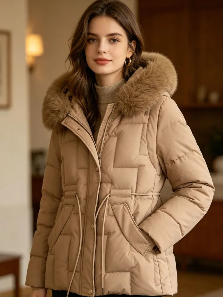 SHENGPALAE Women Puffer Coat Faux Fur Hood Short High Waist Elastic Hem Thick Bread Outerwear Autumn 2026 New 05E03425