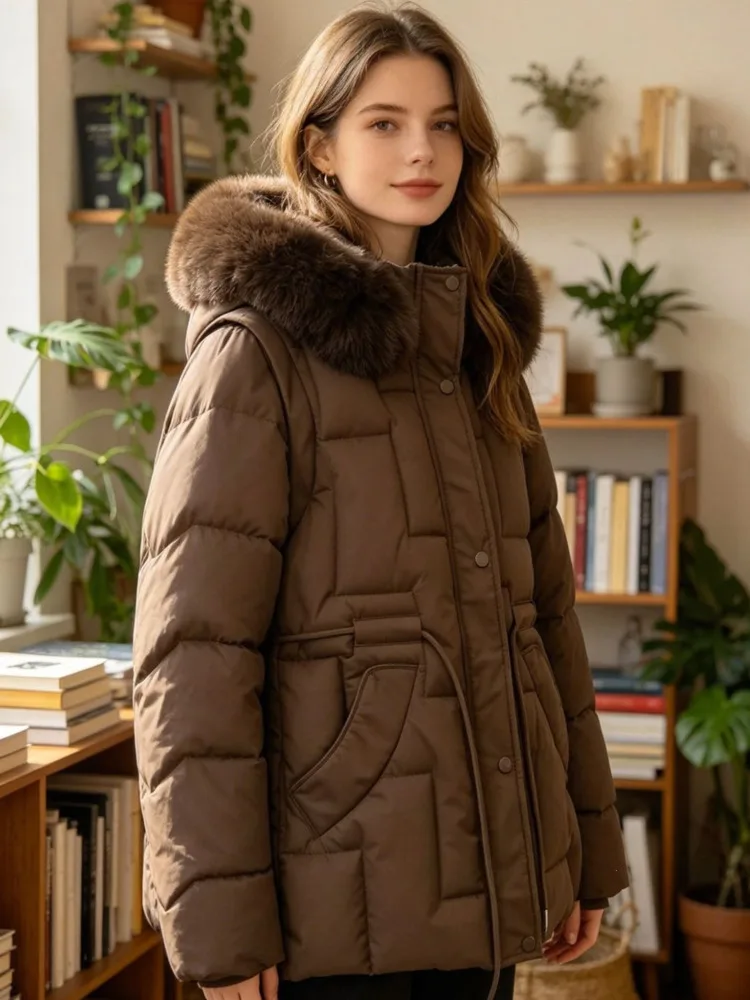 SHENGPALAE Women Puffer Coat Faux Fur Hood Short High Waist Elastic Hem Thick Bread Outerwear Autumn 2026 New 05E03425