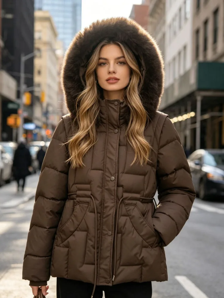SHENGPALAE Women Puffer Coat Faux Fur Hood Short High Waist Elastic Hem Thick Bread Outerwear Autumn 2026 New 05E03425