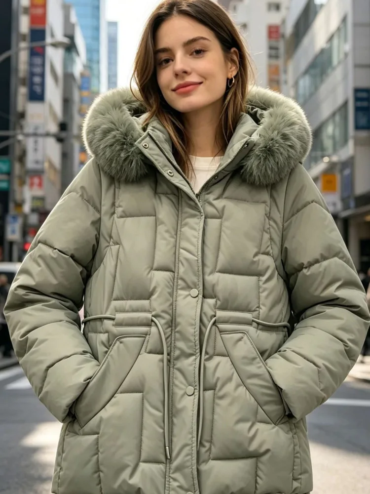 SHENGPALAE Women Puffer Coat Faux Fur Hood Short High Waist Elastic Hem Thick Bread Outerwear Autumn 2026 New 05E03425