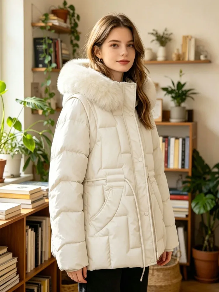 SHENGPALAE Women Puffer Coat Faux Fur Hood Short High Waist Elastic Hem Thick Bread Outerwear Autumn 2026 New 05E03425