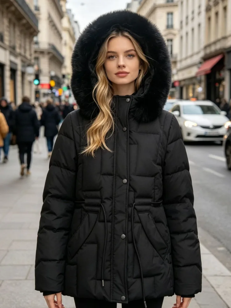 SHENGPALAE Women Puffer Coat Faux Fur Hood Short High Waist Elastic Hem Thick Bread Outerwear Autumn 2026 New 05E03425