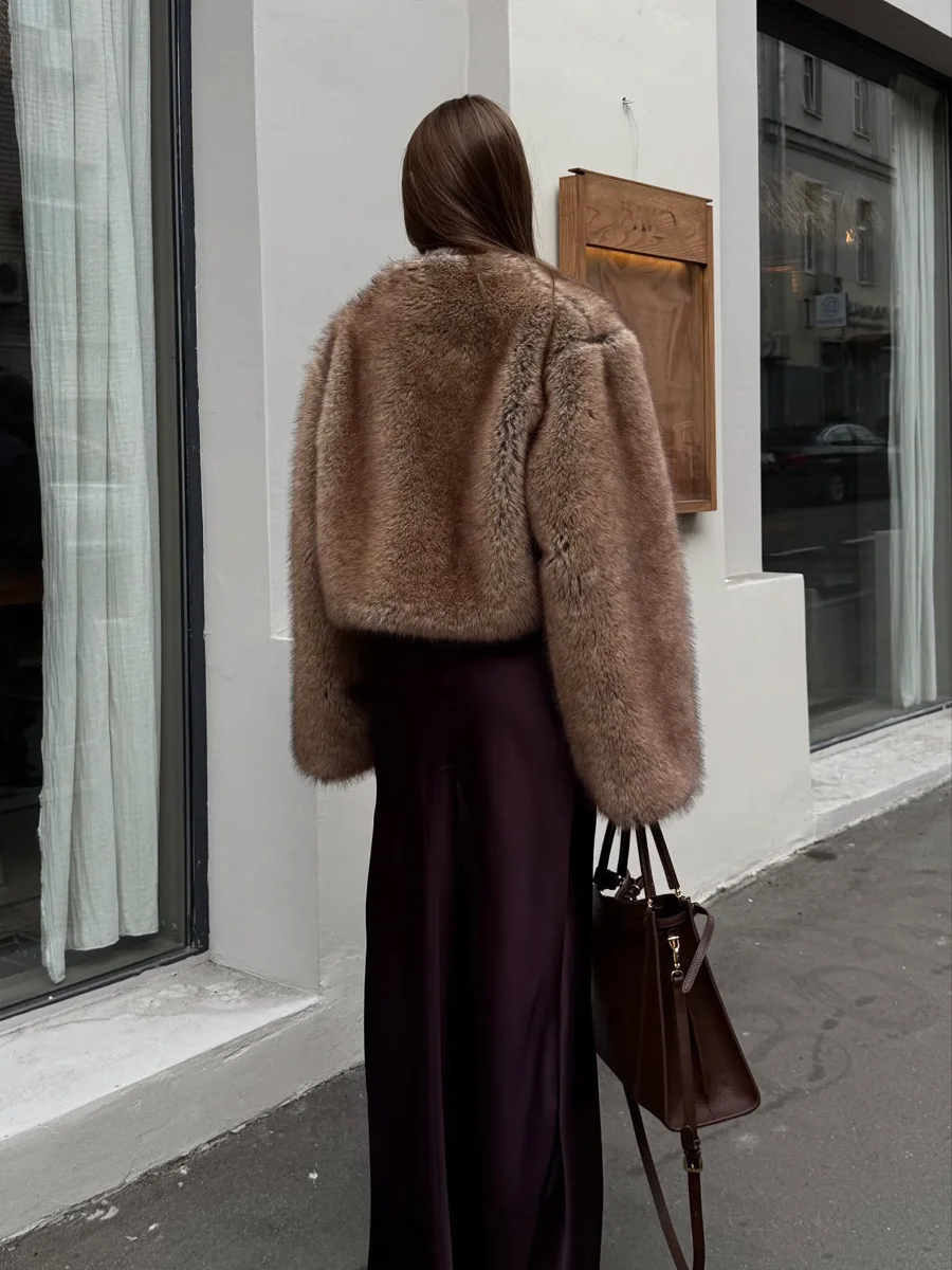 Winter Faux Fur Jacket Coat Women V Neck Cropped Batwing Long Sleeve Fluffy Mottled Tone Thicken Warm Loose Oversized Outerwear