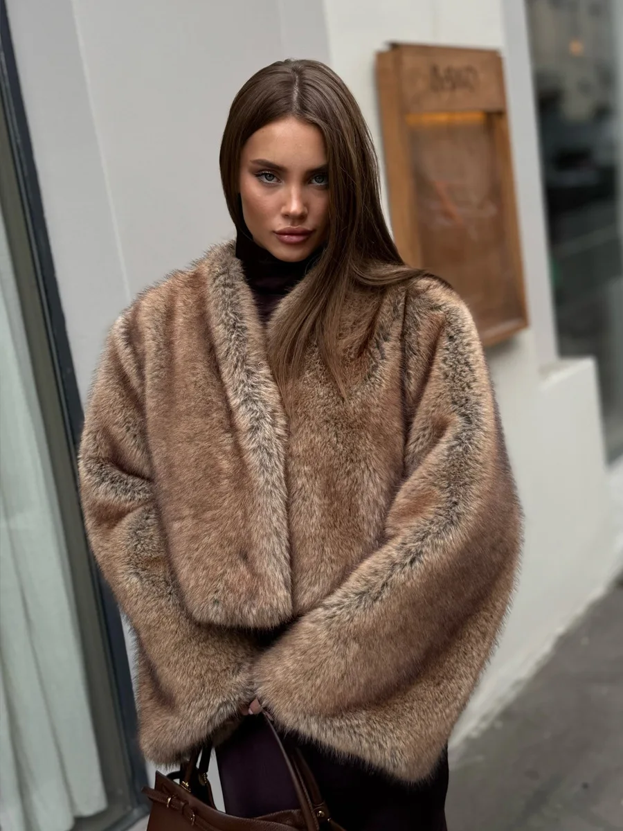 Winter Faux Fur Jacket Coat Women V Neck Cropped Batwing Long Sleeve Fluffy Mottled Tone Thicken Warm Loose Oversized Outerwear