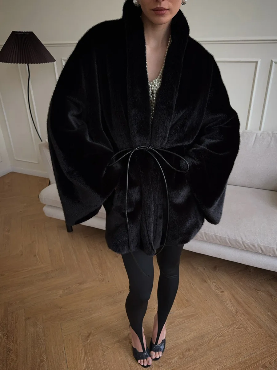 Winter High Quality Soft Fur Jacket Outwears Woman Luxury Solid Lace Up Faux Fur Coat Women Long Sleeve Pockets Loose Thick Coat