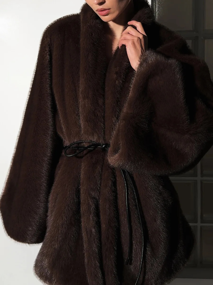 Winter High Quality Soft Fur Jacket Outwears Woman Luxury Solid Lace Up Faux Fur Coat Women Long Sleeve Pockets Loose Thick Coat