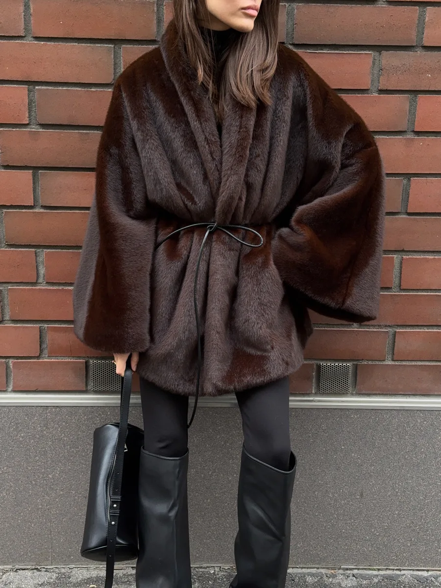 Winter Thicken Warm Furry Luxury Overcoat Women Faux Fur Belts Fur Collar Jacket Female Coat Casual Fluffy Ladies Outwears