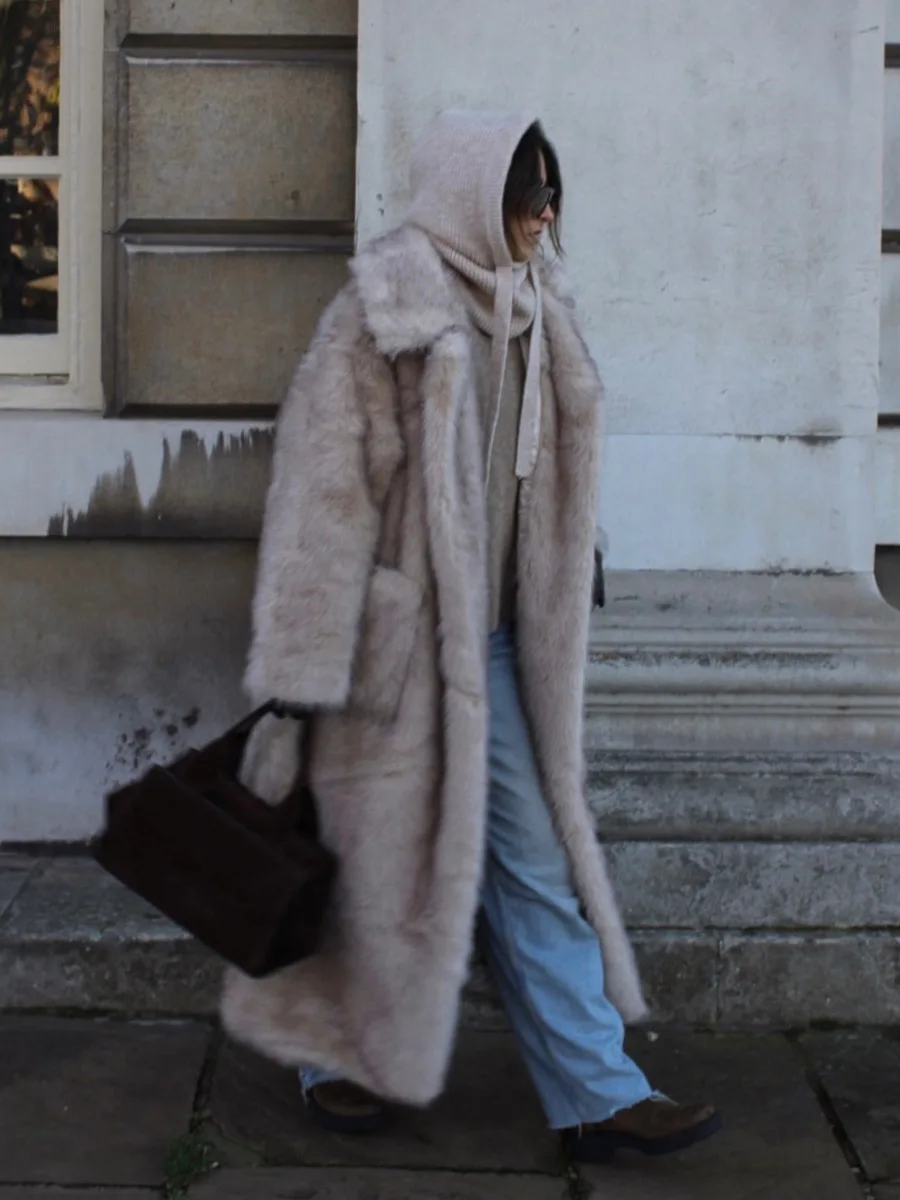 Winter Lace Up Wool Fluffy Fur Jacket Women Long Thick Wram Faux Fur Coat Fashion Street Wide Lapel Jacket Outerwear Overcoat